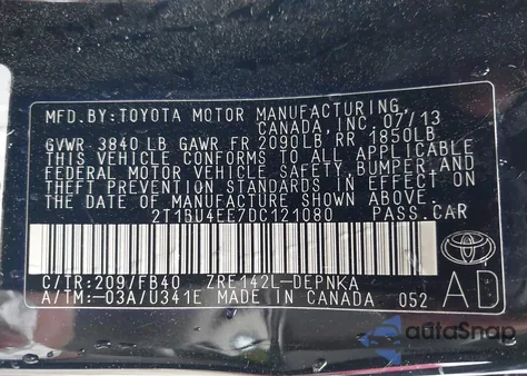 2013 Toyota Corolla Le из США, поврежденный, VIN 2T1BU4EE7DC121080